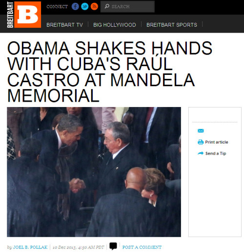 Breitbart.com whines about Obama shaking Raul Castro's hand