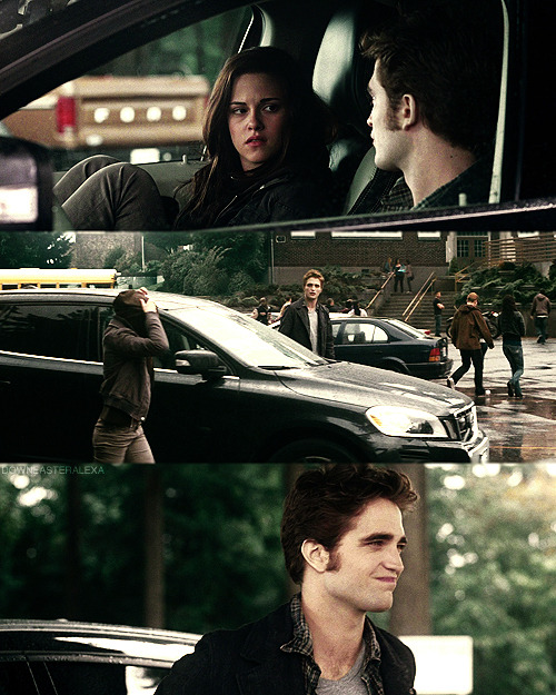  Edward: If I asked you to stay in the car, would you?Edward gets out of the car and Bella follows himEdward: Of course not.  