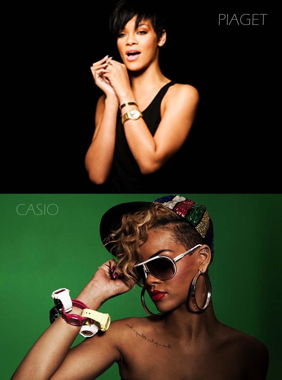 Q: &#8221;do you have any photos where she wears a watch? or do you know what kind of watches she wore?&#8221;
A: Well I&#8217;ve looked at candids it seems that Rihanna doesn&#8217;t wear watches that  often (mostly on occasions). The images above are just examples but the gold watch she&#8217;s seen wearing from the take a bow video is the one she&#8217;s always normally seen in in candids, but their are watches such as Casio and BAPE that she&#8217;s also been spotted wearing before. Hope that hepled :)