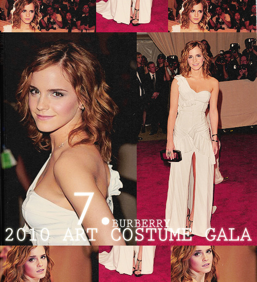 TOP 15 Favorite Emma Watson Looks → seven where: Metropolitan Museum of Art Costume Institute Gala 2010- Custom made Burberry dress designed by Christopher Bailey- Tonal Check Perspex Sandals by Burberry- Burberry Prorsum Acrylic Prism Clutch- Burberry Prorsum PreFall 2010 Bracelet- Accessories by Made Her Think