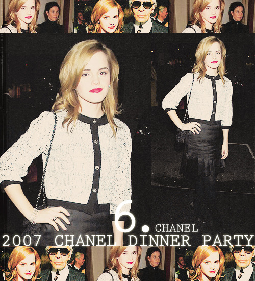 TOP 15 Favorite Emma Watson Looks → six where: Karl Lagerfeld&#8217;s Chanel Dinner Party at Nobu 2007- Black Satin Dress by Chanel- Sequined Cardigan by Chanel Spring 2008- Chanel Fall 2007 Bag- Fine Jewelery Ring by Chanel- Black legging and Black peep-toe shoes