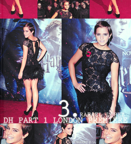 TOP 15 Favorite Emma Watson Looks → three where :Deathly Hallows Part 1 London Premiere 2010- Vintage Lace Dress With Feathered Skirt by Rafael Lopez- Esmerelda Pumps by Charlotte Olympia - Solange Azagury-Partridge ring- Solange Azagury-Partridge &#8216;Weapon&#8217; Earrings