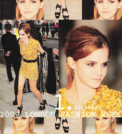TOP 15 Favorite Emma Watson Looks → one where: London Fashion Week 2009 - &#8220;BURBERRY PRORSUM&#8221; S/S 2010- Gold Mini Sequin Dress by Burberry Prorsum Spring 2010- Black Twisted Band Platform Sandals by Burberry Prorsum - Plaited Cord Waist Belt by Burberry- Black Trench Coat by Burberry