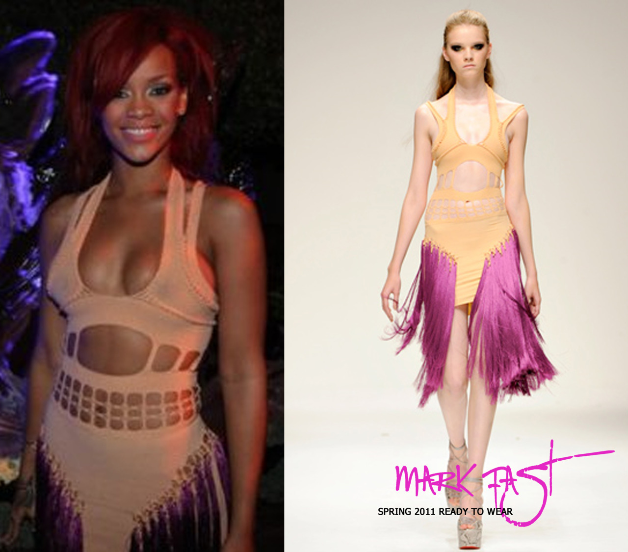 Rihanna during her birthday party giving a little carnival feeling with her outfit by designer Mark Fast from his ready to wear 2011 collection.
Shout out to Justin Rolle for helping me identify the dress :)