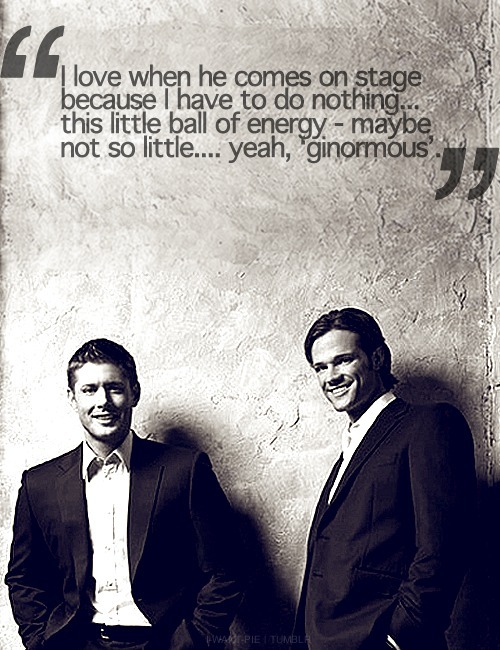 i-want-pie: [Jensen, on Jared]: “I love when he comes on stage because I have to do nothing… this little ball of energy - maybe not so little…. yeah, ginormous.” 