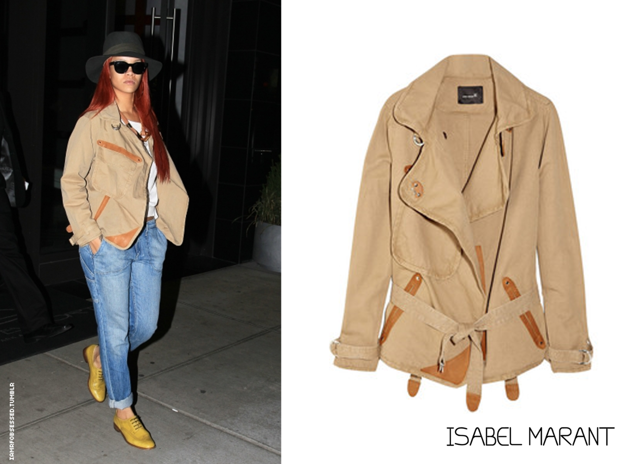 While leaving her hotel in NYC (29th April) Rihanna was seen in a jacket by Isabel Marant the jacket also comes with matching bottoms but Rihanna went with a blue boyfriend jeans also by a pair of Yellow brogues and accessorized with a hat by designer rag and bone