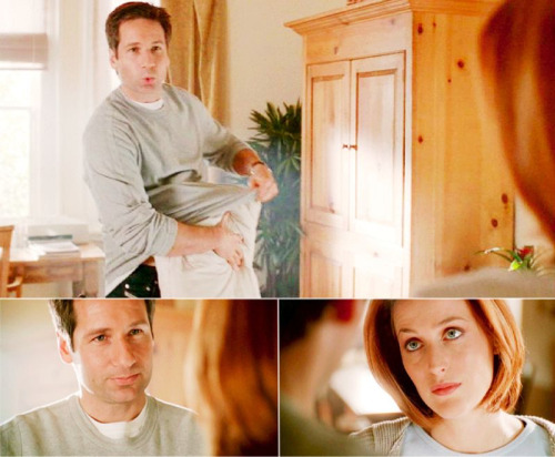MULDER: Hey. Ready to roll? SCULLY: Yeah. I’ll just get my keys. MULDER: Hey, don’t forget this. Relax the back, breathe in, breathe out. SCULLY: How do you know all these things, Mulder? MULDER: I’m unemployed. I have a lot of time on my hands. Oprah. I watch a lot of Oprah. 8x19 Alone