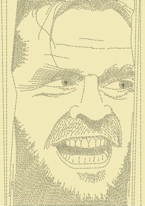 All work and no play makes Jack a dull boy.<br />
A portrait of Jack Nicholson as Jack Torrance in The Shining, made using the phrase he repeatedly types as he descends into madness. After positioning all the sentences by hand, I think I know how he feels.<br />
The devil is in the details so click to enlarge. Prints and posters of this artwork are available to buy here - http://www.redbubble.com/products/configure/7160292-poster