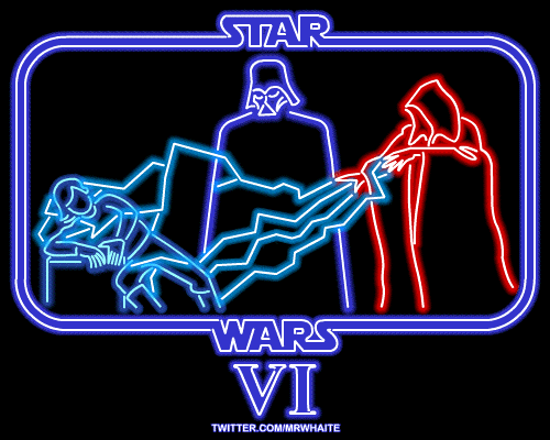A neon poster for Return of the Jedi.
As a kid, I assumed the returning Jedi was Luke, but it eventually dawned on me that the title could also refer to Darth Vader - turning against the dark side and destroying the Emperor. In this scene, he has to make the choice between good and evil.
C’mon Vader, make your mind up!
Also in this series of Star Wars neon posters:
A New Hope - http://mrwhaite.tumblr.com/post/6280123872/neonhope
The Empire Strikes Back - http://mrwhaite.tumblr.com/post/6314624437/neonempire
