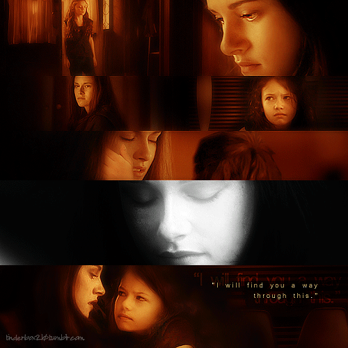 Renesmee’s hand touched my cheek lightly. She showed me my own face, Edward’s, Jacob’s, Rosalie’s, Esme’s, Carlisle’s, Alice’s, Jasper’s, flipping through all our family’s faces faster and faster. “Don’t cry”, I told her. “It’s going to be okay. You’re going to be fine. I will find you a way through this.”