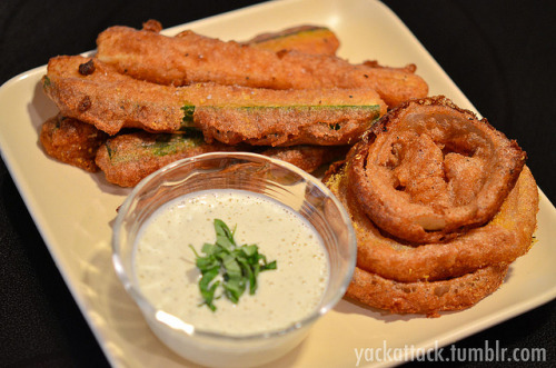 Beer Battered Zucchini &amp; Onion Rings with Raw Vegan Ranch!
Warning: this recipe is INDEED as good as it sounds, and is also probably one of the unhealthiest things on my blog. I haven&#8217;t had fried zucchini or onion rings in ages and need to use the rest of the squash that I pulled from my garden, and also had a recipe sent to me that was Beer Battered Avocado fries; so I combined the two to create this magical meal.

Ingredients:
One 12 oz. Alaskan White (belgian) or any light beer
1 Cup Whole Wheat flour (may need to add a couple more tablespoons)
1 Tbsp. Nutritional Yeast
2 tsp. Paprika
1&#160;1/2 tsp. Sea Salt
1 tsp. Garlic Powder
1 tsp. Onion Powder
A pinch of Cayenne Pepper
3/4&#160;lb. Zucchini/Summer Squash, cut into long sticks
1 Whole White Onion, Sliced into rings
Vegetable Oil, as needed for frying

Directions:
Mix all dry ingredients in a low, wide dish; then pour in beer and whisk together until there are no clumps. If the batter seems too runny, add a little more flour; you want it to be able to coat the zucchini without completely clumping on it. Set batter aside in the refrigerator for 1-2 hours.

Fill pan or fryer with the oil and heat to roughly 375F, if you are using a pan (like I did) this is somewhere between medium and high heat. Dip each zucchini stick in the batter and make sure it is entirely coated, use a fork or two to lift it out of the batter and CAREFULLY place it into the hot oil. Fry until golden brown, 2-3 minutes; then take out of the oil, drain off as much oil as possible, place on a paper towel covered plate and sprinkle sea salt and nutritional yeast over them. The same instructions apply to the onion rings.
For the Raw Vegan Ranch! 
I found this SUPER EASY ranch recipe on The Sunny Raw Kitchen, except that I made only a third of it (it&#8217;s a huge recipe). It tastes amazing, no lie, and doesn&#8217;t involve processed ingredients like store bought vegan mayo. This ended up being a perfect dipping sauce for my fried yummies!