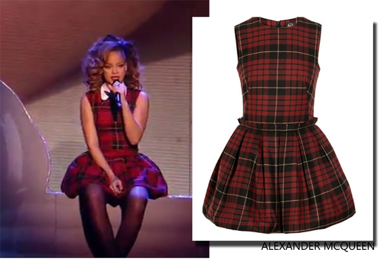 Rihanna during her performance on Xfactor UK, wearing a sleeveless tartan puffball mini dress by Alexander Mcqueen. Not shown on the image but she was also seen wearing creepers by Underground England. I think she looked lovely!
what did you think of this whole look?