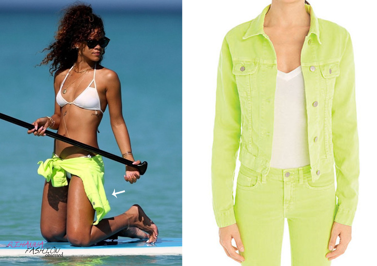 While vacating in Hawaii catching up on some sun, Rihanna was spotted with a neon yellow jean jacket by Christorpher Kane for J Brand available from their official site for $408.00&#160;