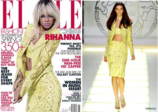 Rihanna on the cover the May issue of Elle US (out April 17th) looking stunning in a studded detail pencil skirt, bandeau covered by a yellow lambskin jacket all by designer Versace from the spring 2012 collection and bracelets by David Yurm.

Looking beautiful in a strapless jersey dress from Emporio Armarni&#8217;s spring 2012 collection.

Showing off some skin in a stretch net skirt by Maison close, Rayon and Lycra bralette (Only hearts by Helena Stuart) and  Fleur of England high waisted boy shorts.

Enjoying some dancing in a pleated leopard print dress by designer Roberto Cavalli 


knit top and skirt by designer Jill Sander
