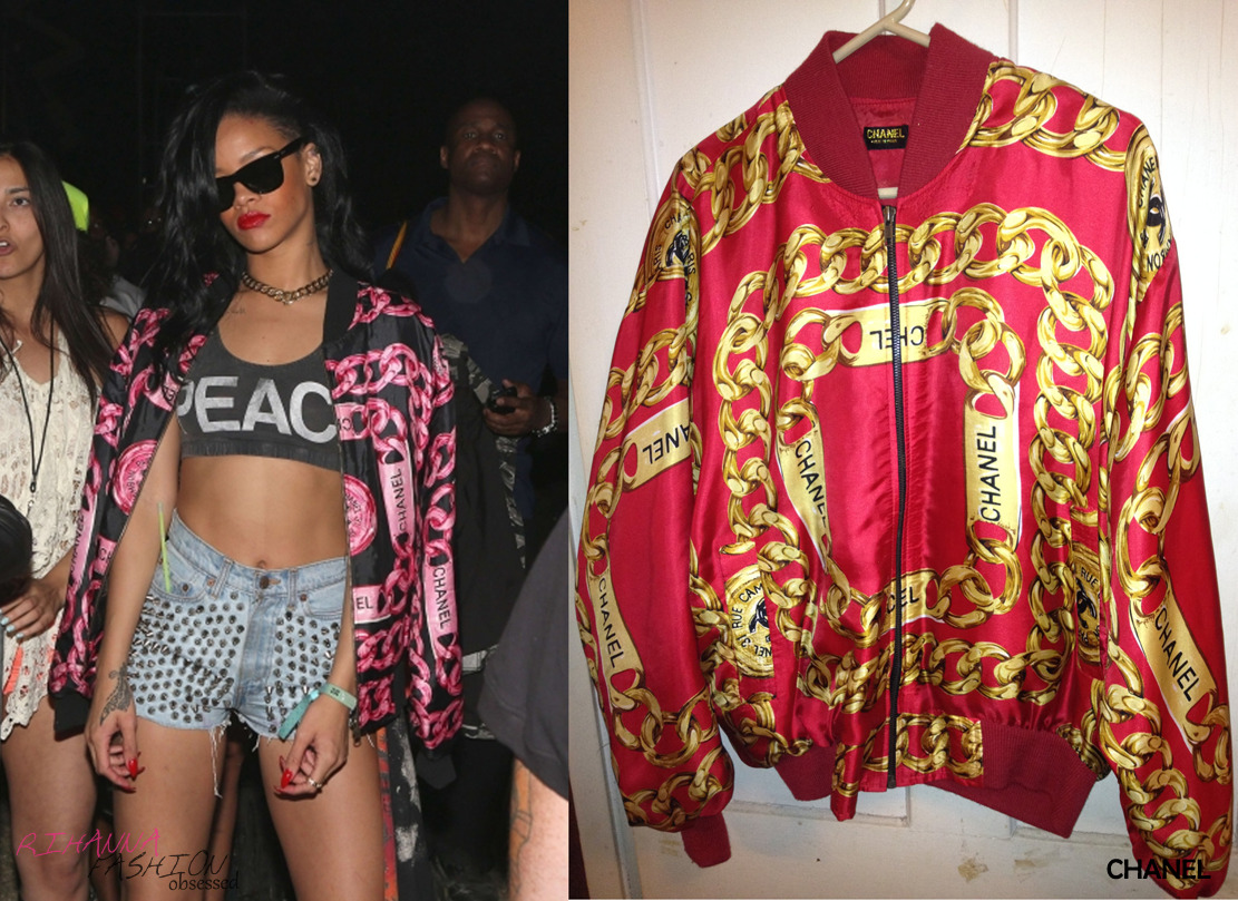 Update: Rihana attended the Coachella festival held in California in a Topshop peace bralet top, The Ragged priest studded denim shorts, Jeremy Scott for Adidas leopard shoes and a 1980&#8217;s vintage Chanel chain detail bomber jacket.
Love this look Rihanna rocked out?