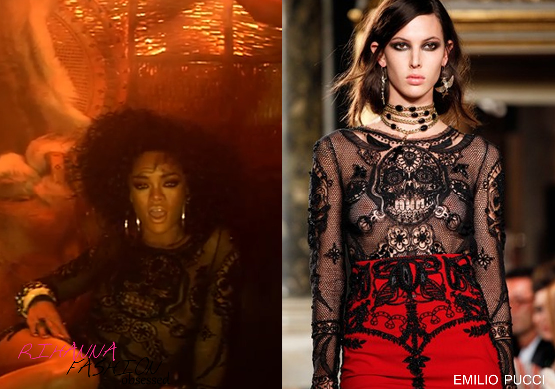 Rihanna looking gorgeous in her new video for Where have you been. She was spotted in a Emilio Pucci skull lace detail body suit from the spring summer collection. Rihanna was styled by Mel Ottenberg and her costumes were designed by Adam Selman, Both were also responsible for her We found love music video look.