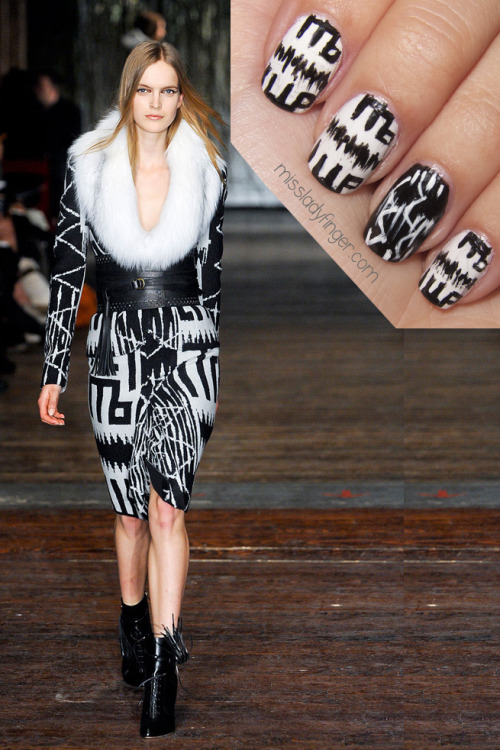 MANICURE MUSE: Altuzarra AW&#8217;12<br /><br /> No need to board a plane to take a trip to North Africa. Let Joseph Altuzarra take you there with his dizzying trip of a Fall &#8216;12 collection. One of my favorites this season is Altuzarra&#8217;s collection that fuzed Moroccan carpet patterns and ethnic pom poms/coin embellishment (who needs jewelry when you can wear it?) with military-inspired jackets and French-style skirts. The stand-out was the outerwear featuring cropped sailor pea coats, shearling lined toggle coats, velvet blazers, and this black and white ikat beauty donned with a massive fur white collar. <br /><br /> To emulate this look, I used I Will by L&#8217;Oreal, Vinyl by Orly, and black and white by Color Club Duo. 