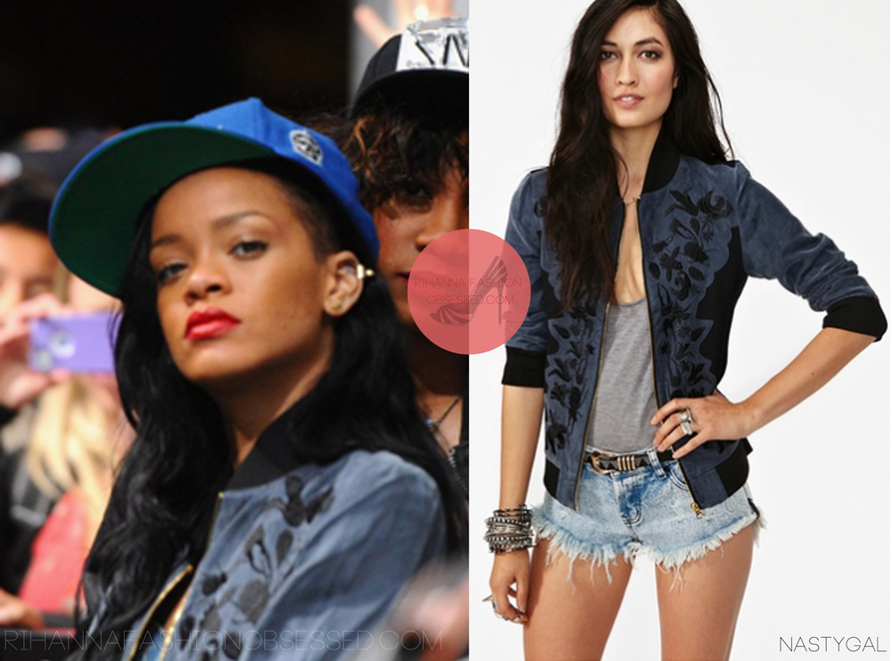 Back on Saturday April 14th and Sunday April 15th, Rihanna attended Coachella Valley Music and Arts Festival 2012 wearing a blue jacket embroided with insects Night Crawler jacket from Nasty Gal which is  available for $325; You can also purchase her blue  Trapstar  snap back  that she wore here. 
