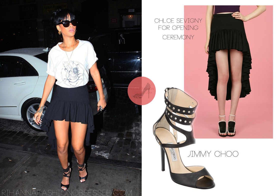 Rihanna leaving her hotel yesterday in New York, lookng cute in a simple black and white outfit. She was spotted wearing a skull print white tee which she wore with a ruffle maxi skirt from OpeningCeremony.us by Chloe Sevigny for $370.00,she completed her look with a pair of Jimmy Choo sandals available from Farfetch.com for $499.00.