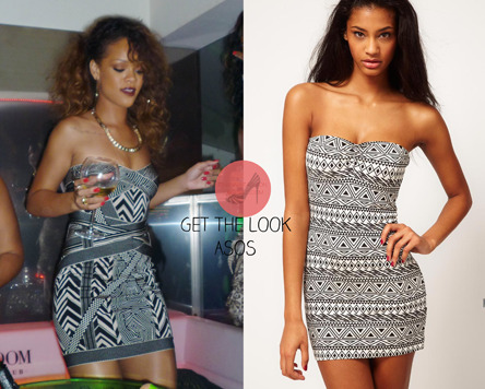 Summer is now approaching, recreate the look of Rihanna&#8217;s Herve Leger bodycon dress she wore in St. Tropez, France . Get a similar aztec print mini dress from ASOS for $31.31 (£18.00), click HERE to view item. Pair with heels or sandals and accessorise with minimal jewelry.