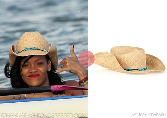 Update: Rihanna in Hawaii two months ago wearing a Melissa Odabash stetson straw hat made with raffia straw with turquoise stone beadings. Available to purchase from Net a porter.com for £86 
