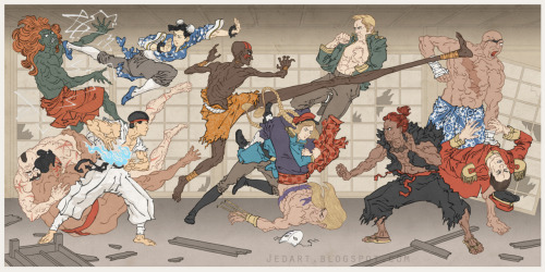 Possibly my favorite video game Ukiyo-e yet:  STREET FIGHTER!  Please forgive, but in drawing all the characters, I accidentally forgot Ken!  :-(    But please enjoy everybody else!  You can email me to go on the preorder list.  I&#8217;ll then email you Aug 1, when the prints go on sale. :)  thejedhenry (at) gmail (dot) com     Or like it on Facebook.<br />
今までの一番大好きなゲーム浮世絵：　ストリートファイター！　キャラの皆を描いている間、ケンを忘れてしまいました。　ごめんなさい。　とにかく、残りのキャラを楽しんで下さい！ プリントは８月１日に発売。事前に注文リストに入力するため、メール下さい。　thejedhenryアットgmailドットcom　　それともfacebookページに来て下さい。