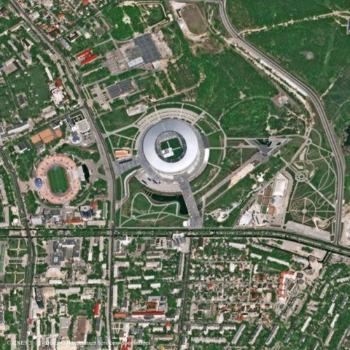 Handout view taken by Pleiades 1A satellite and released on June 7, 2012 by Astrium Services shows an aerial view of the Dombass Arena stadium in Donetsk, where France and England will play their first match of the Euro 2012 football tournament on June 11, 2012. News and LIVE Stream Available at www.nastytackle.comFind us on Facebook: - https://www.facebook.com/pages/Nasty-Tackle/136333106470179