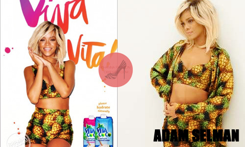 For the Vita Coco ad, Rihanna wears a custom outfit designed by Adam Selman and heels by Manolo Blahnik. The retro three piece ensemble features a pineapple print, which complements the new Tropical Fruit flavour that Rihanna helped create. The shoot was done by renowned photographer Terry Richardson and styled by Mel Ottenberg.
