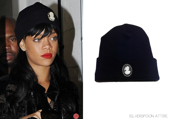 Rihanna&#8217;s vintage Cameo beanie hat she wore last month in London by Silverspoon attire is now available for a limited time only for £40.00 click HERE to view item. Also comes with a gold version cameo broach.
