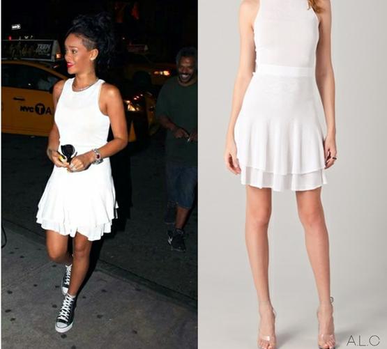 Rihanna spotted out at night in NYC wearing a white knit Lena dress by A.L.C which features a scoop neck detail and a flounce skirt. Also comes in the colour nude for $495.00 from shopbop.com she also paired her outfit with a pair of chuck taylor all star converse