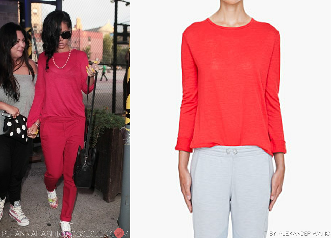 Update: Rihanna spotted wearing a red silk linen blend shirt by her favourite brand and designer Alexander Wang from the T by Alexander Wang collection available from ssense.com for $110.00 as posted before she wore a pair of Christian Louboutin Havana women trash oxfords $895.00.