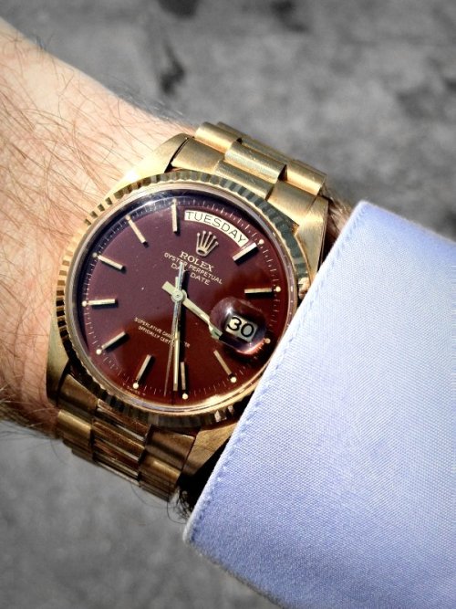 watchanish: Vintage yellow gold Rolex ref: 1803 with a faded ‘oxblood’ dial 