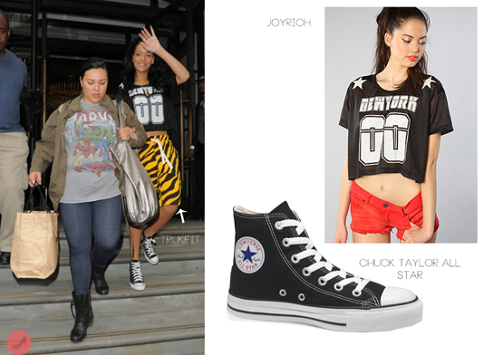 Rihanna spotted leaving her London hotel today wearing one of her favourite brands a Joyrich NY athletic mesh top it also looks as if Rihanna is now a fan of Lil Wayne&#8217;s clothing line as she was spotted wearing a pair Trukfit shorts, she completed her look with a pair Chuck Taylor all star converse. Cute!