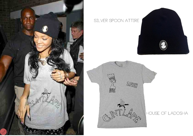 Tom boy look: Rihanna spotted after rehearsals at London Bank studios, looking very tomboyish in a  Silverspoon attire beanie (£40.00) with a vintage cameo broach worn with a humorous  House if Ladosha ($25.00)  which is meant to replicate Tupac&#8217;s famous tattoo&#8217;s. Lastly she accessorised her outfit with  Melody Eshani&#8217;s &#8216;Queen of the jungle&#8217; necklace $69.00.
UPDATE: Rihanna was spotted with a pair of Pierre Balmain silk print shorts options available below&#8230;



pierre balmain silk print shorts


