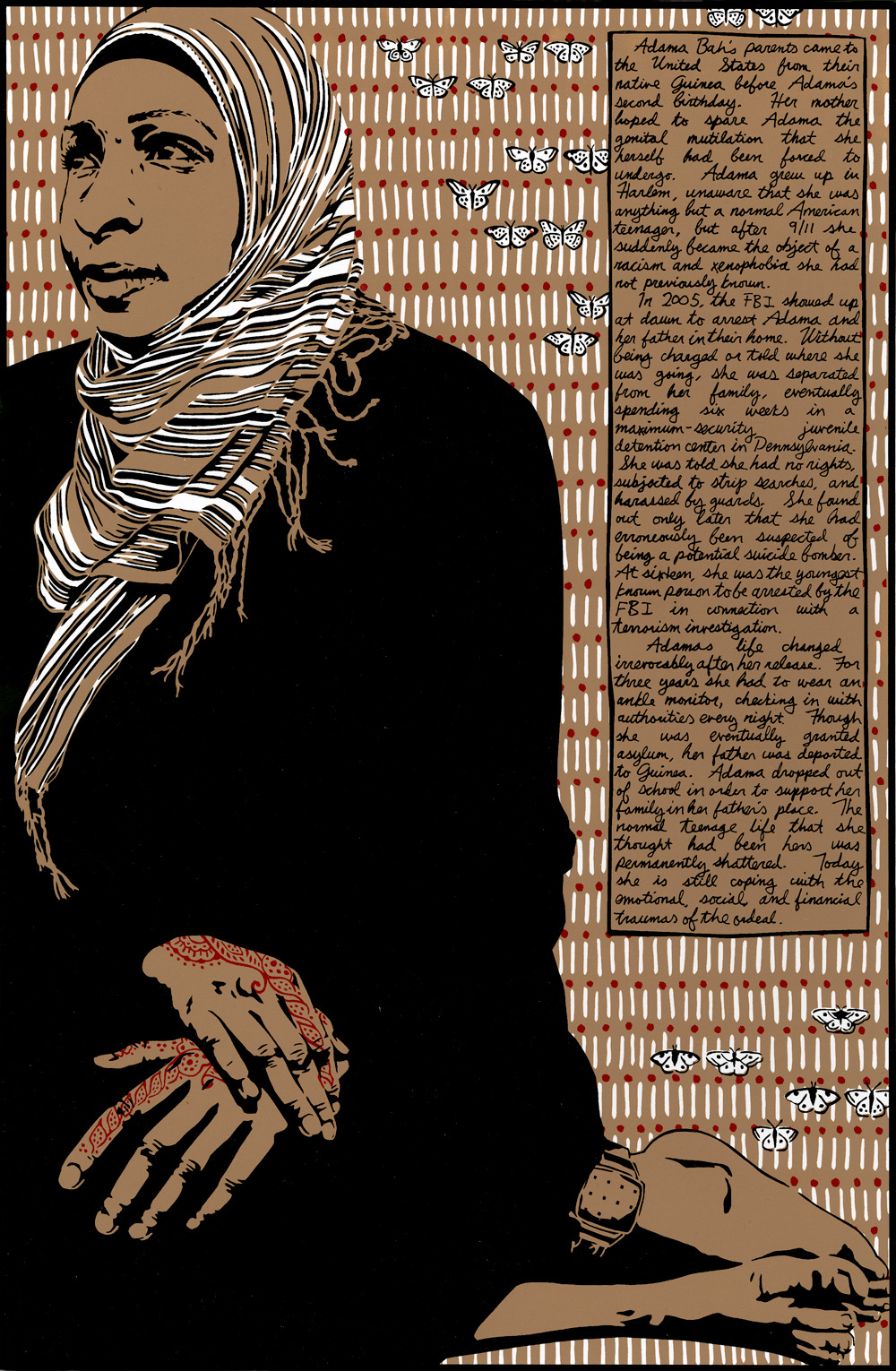 Wood block print of older Muslim woman 