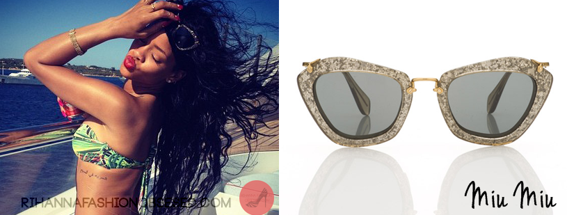 Rihanna was photographed on a boat by best friend Melissa Forde wearing The Miu Miu Noir Catwalk sunglasses feature glitter frames and metal handles; You can get the bronze version at Neiman&#8217;s.

Credit &amp; thank you tip to Sheena at hausofrihanna!