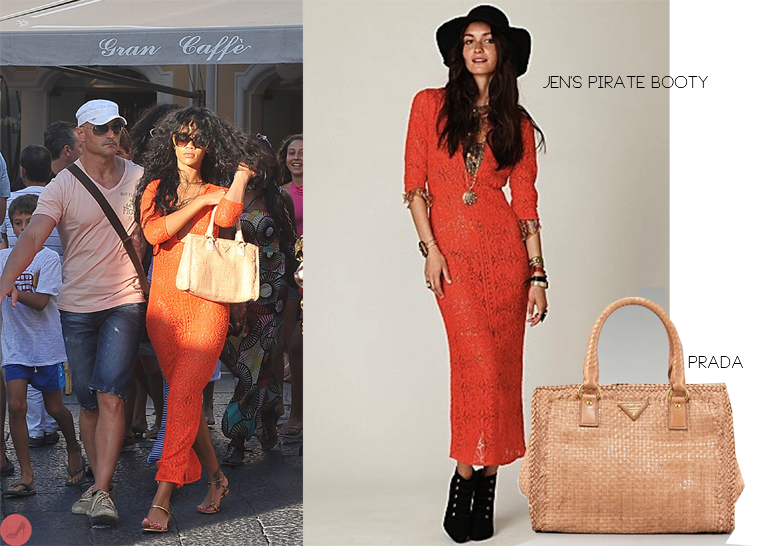 Rihanna spotted doing some shopping and looking like she&#8217;s enjoying her vacation in Capri. She wore a V neck, French Birkin dress by Jen&#8217;s pirate booty currently on sale for $249.00. This dress is great to wear on the beach on holiday with a bikini underneath but seems Rih wore it her own way without one. With that she accessorised with a pair of gold sandals and a Prada woven leather tote bag available from neimanmarcus.com for a whooping $2,295.00. Either way Rihanna looks great!