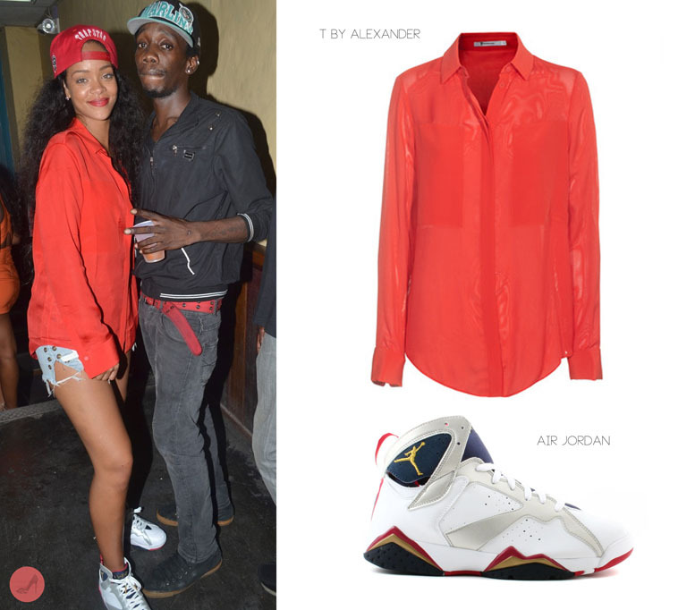 Red Chic: Rihanna spotted at club 360 in Barbados enjoying some night life wearing Trapstar&#8217;s irongate snapback with a matching red Alexander Wang silk red blouse from the T by Alexander collection she wore this look with a pair of urban outfitters vintage shorts and completed her look with a pair of Air Jordans &#8216;7 Olympic&#8217; sneakers and a signature red lipstick
