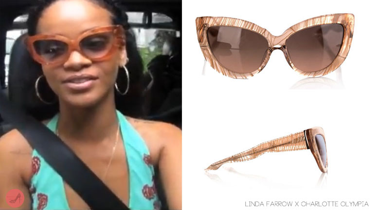 Rihanna spotted in a pair of Linda Farrow for Charlotte Olympia oversized cat eye like style sunglasses available from matches.com $368.00, she wore this with a Marc Jacobs maxi floral dress (posted here). 
Note: &#8216;The next chapter&#8217; with Oprah premiers on the 19th on channel OWN