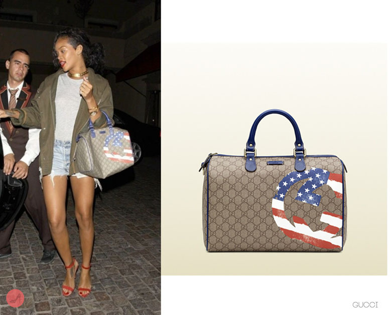 Rihanna spotted leaving Scarpetta restaurant in Beverly Hills wearing an olive coloured parka jacket worn with a pair of distressed denim shorts she completed her look with a pair of Manolo Blahnik strap heels and a limited edition Gucci USA Boston bag as part of their flag collection.