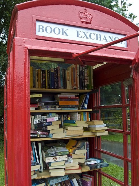  Lots of villages in the UK have turned red telephone boxes into mini libraries, just take a book and leave one behind. 