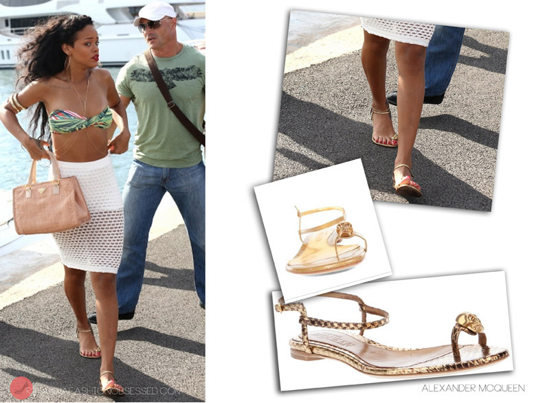 Update: We&#8217;ve managed to find Rihanna&#8217;s gold sandals from when she was holidaying  in St Tropez they were by Alexander McQueen featuring the signature skull.
You can check what else Rihanna wore on that day HERE