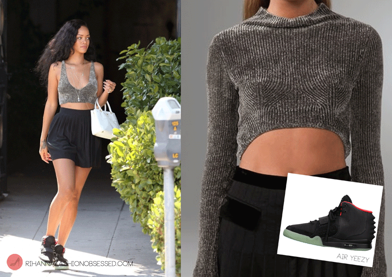Rihanna doing her favourite thing&#8230;Shopping. She was spotted heading for clothing store Opening ceremony wearing a Alexander Wang velvet rib turtleneck crop top the only difference is her top was altered. With that she paired her look with a pleated black skirt a pair of air Yeezy and then accessorised her look with a prada saffiano lux tote bag and her favourite body chain by Jacquie Aiche