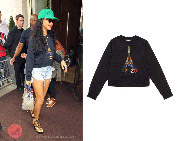 
Rihanna left her hotel in London, England, heading to River Island headquarters wearing a $240.00&#160;Kenzo Eiffel Tower Kenzo Logo sweater, a $440.00 Chloe Sevigny for Opening Ceremony Mary Ellen shoes, and a $60.00&#160;Kenzo x New Era Fitted cap.
