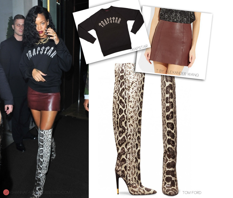 A snake thing: Rihanna spotted at Nozomi restaurant in London yesterday wearing one of her favourite urban brand wear &#8216;Trapstar&#8217; she wore their irongate snakeskin sweater in Black worn with a leather mini skirt by Alexander Wang from the T by Alexander Wang collection  and she paired this look with a pair of familiar boots by Tom Ford similar pair she wore for her Harper&#8217;s Bazaar editorial.