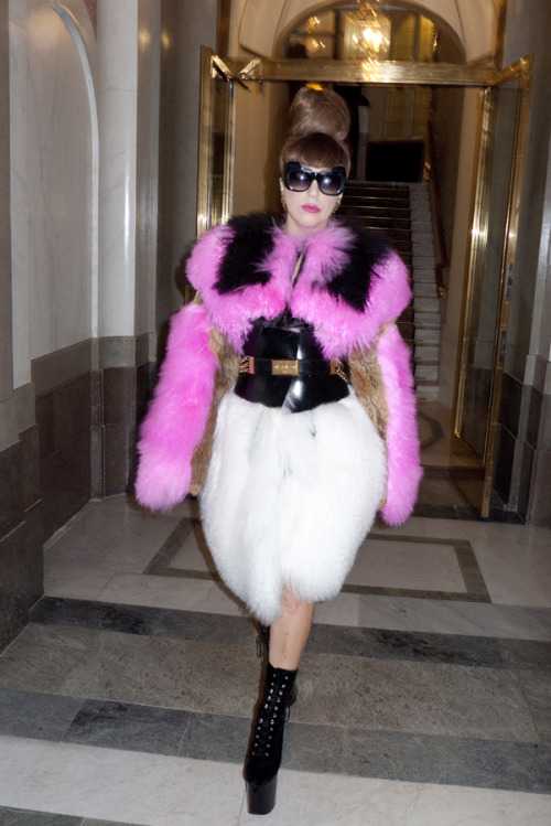 Lady Gaga leaving the hotel wearing a coat by Daniel Bendzovski and belt by Alexander McQueen.