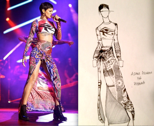 adamselman:

Sketch for Rihanna’s costume in Baku, Azerbaijan by Adam Selman! ok

&#8220;Rih Fashion Fact: For Rih&#8217;s Baku concert this past weekend, frequent collaborator Adam Selman designed her look. He also designed the fabric&#8217;s print from scratch. The print sums up all the themes and vibes Adam and Mel Ottenberg played with this summer for Rihanna&#8217;s &#8220;Gangster Cleopatra&#8221; show looks. Quote from Mel: &#8220;This Baku show was the final Talk That Talk moment before we go into the next chapter, so we wanted to do one more killer Egytian Cleopatra look. I love how electric the print was onstage.&#8221; The sunglasses are Kenzo s/s 2013 from their menswear collection and the boots are from Opening Ceremony.&#8221;
