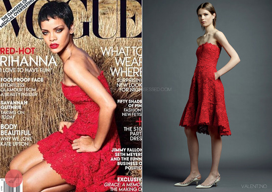 Rihanna on the cover of her second US Vogue cover shot by Annie Leibovitz. Posing in the fields similar to her Loud single cover for Only Girl (in the world), she wore a red signature Valentino dress from the resort 2013 collection.
This issue comes out November 19th in time for her 7th album &#8216;unapologetic&#8217;.