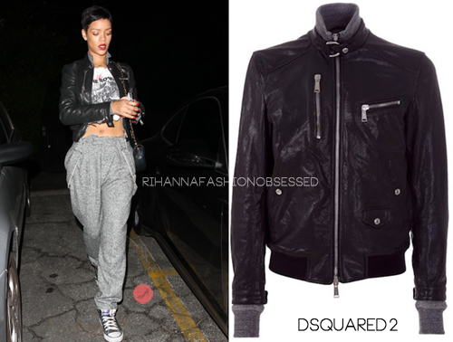 Another night out in LA means eating at Giorgio Baldi and heading to the recording studio.
For this occasion, Rihanna wore Converse Chuck Taylor sneakers, a leather jacket by  DSquared2, and over her shoulder was a purse by Chanel.
Information regarding her shirt and pants  will be followed  later in a updated post.