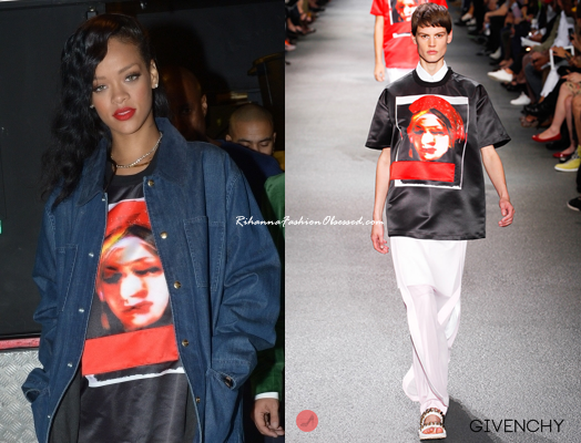 Rihanna was seen partying in Paris, France wearing a Givenchy  t-shirt from their men&#8217;s Spring/Summer 2013 collection.